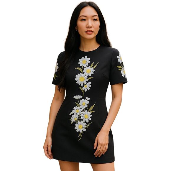 Few Moda NY Black Daisy Embroidered Dress - Chic Floral Mini Cocktail Dress - Picture 1 of 9
